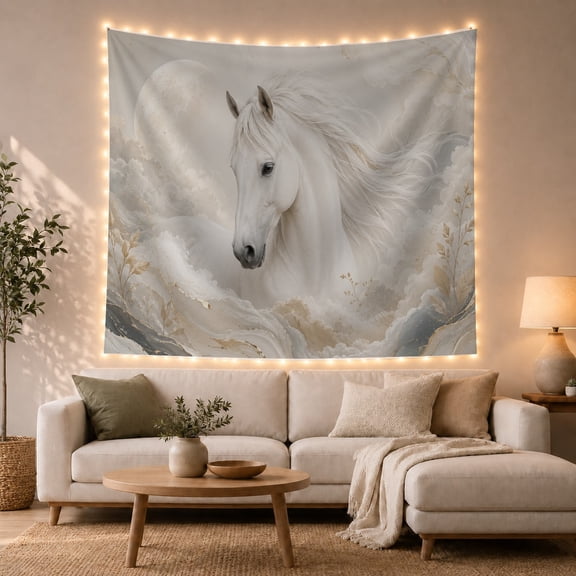 White Horse in Moonlight with Golden Sprigs, Dreamy Surreal Wall Art for Nature Lovers, Mystical Animal Decor Housewarming Gift Tapestry Wall Hanging for Bedroom and Living Room