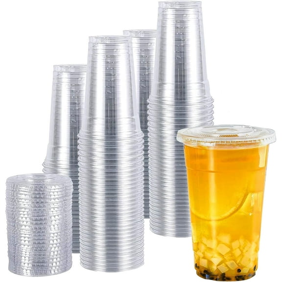 plastic cups with lids 24 oz 100cups&100flat lids,Clear Crystal disposable plastic cups,smoothie cups