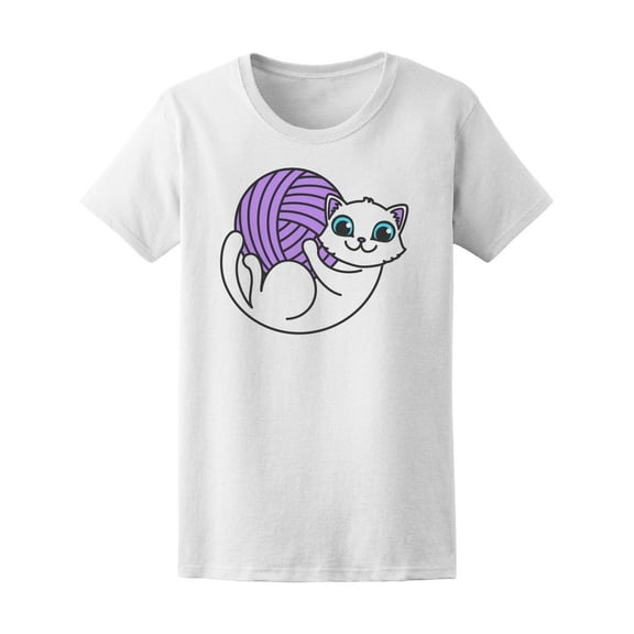Kawaii White Cat With Yarn Ball T-Shirt Women -Image by Shutterstock, Female Medium
