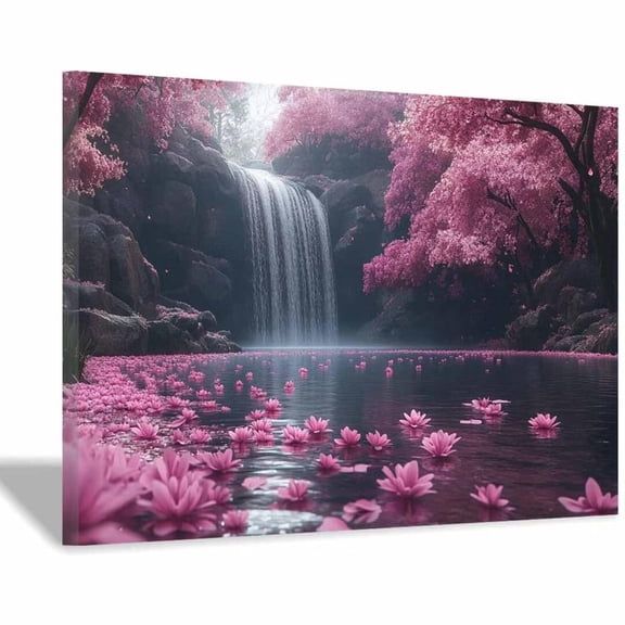 Mudket Cherry Blossom Waterfall Lake Canvas Wall Art, Floral Nature Wall Decor, Framed Ready to Hang Artwork for Living Room Bedroom Office - 12"L x 8"W