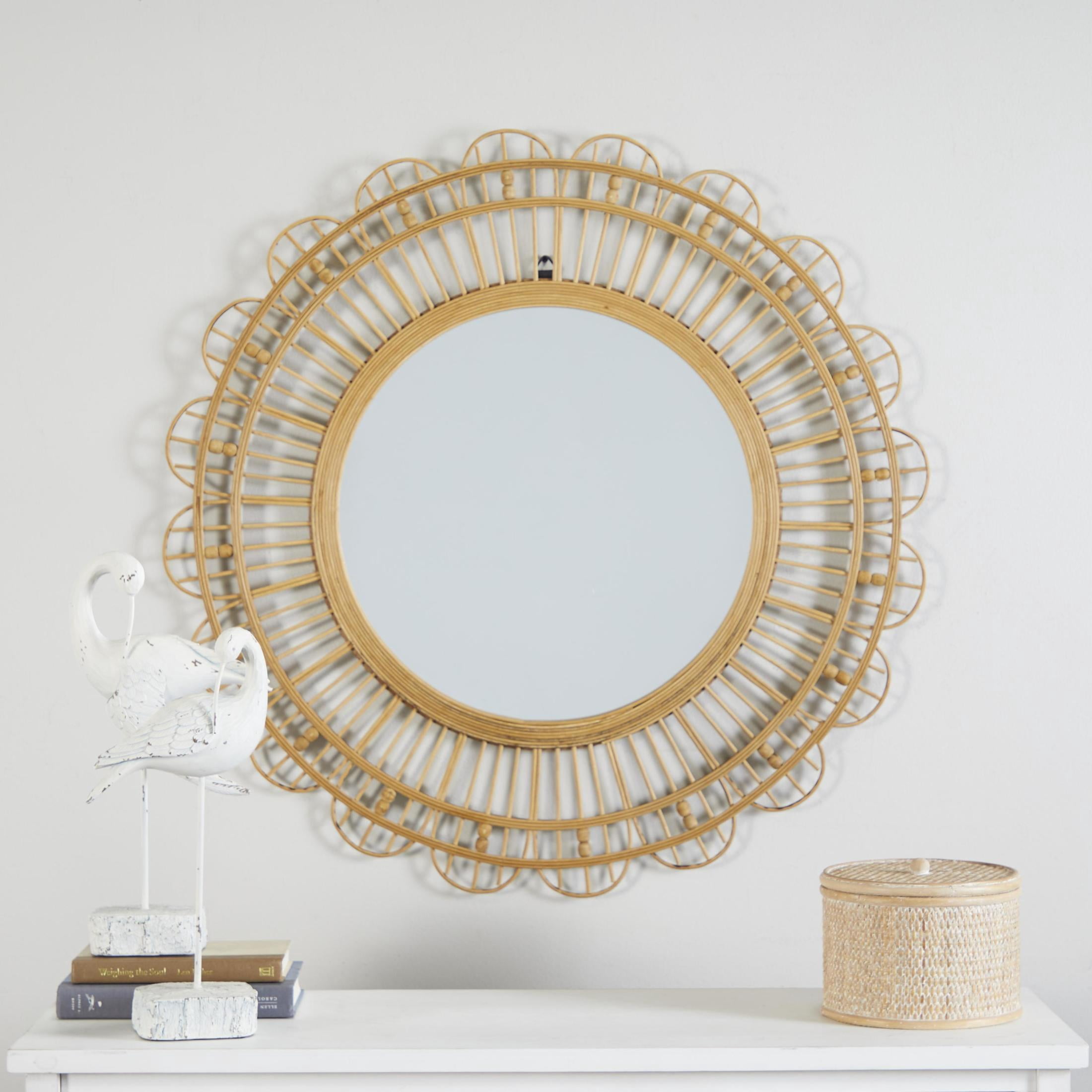 DecMode 35" x 35" Brown Handmade Woven Floral Wall Mirror with Beaded Accents