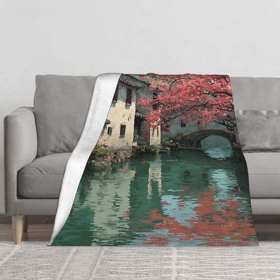 Soft Fleece Throw Blanket, Chinese Water Town Canal with Pink Cherry Blossom Traditional Houses Oil Painting Print, Oriental Landscape Fleece Blanket