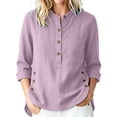 thumbnail image 3 of ClodeEU Women's Linen 3/4 Sleeve Crewneck Button Shirt with Side Slit,Solid Color Casual Summer Top Pink,Women's Plus S, 3 of 9