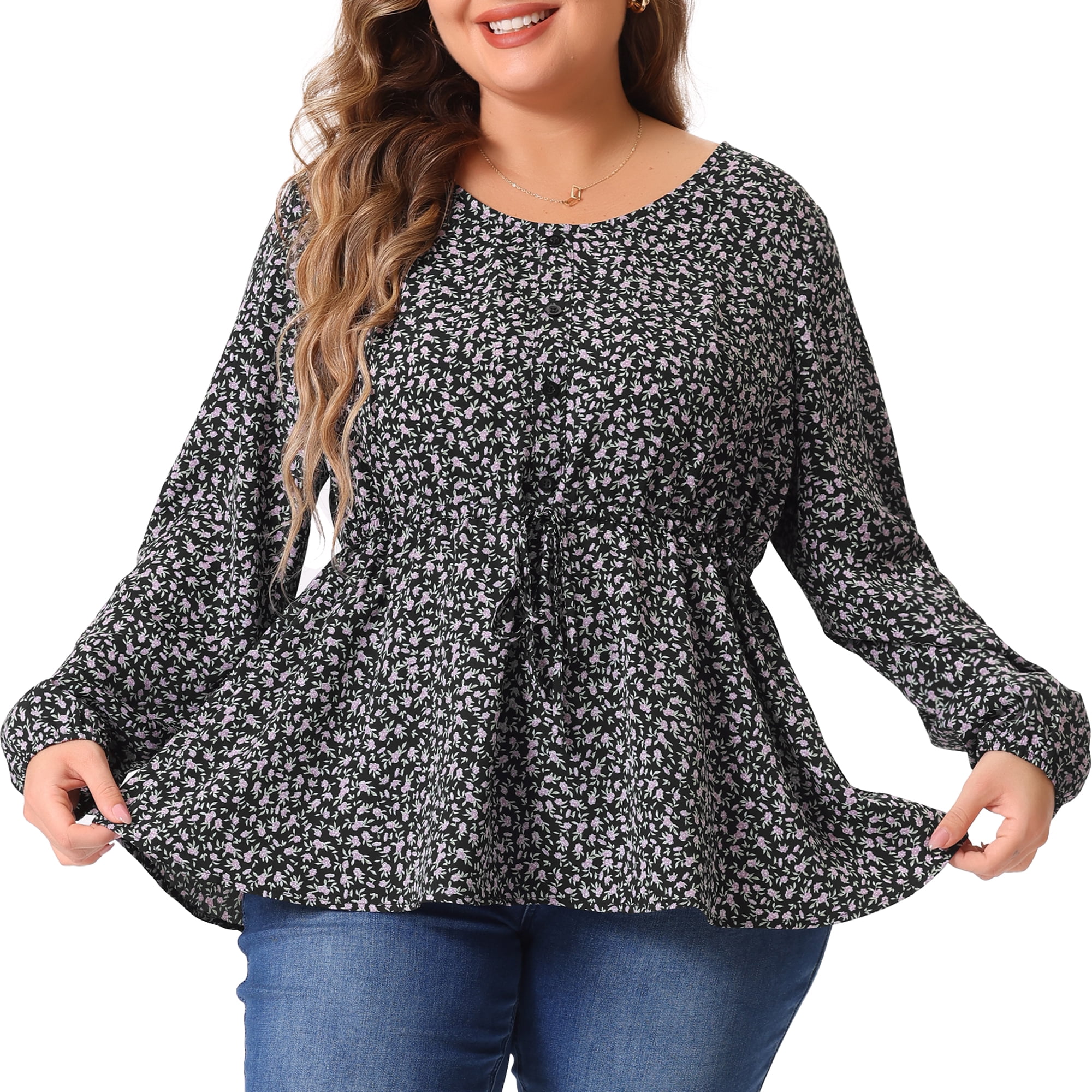 DARING DIVA Women's Plus Size Floral Print Long Sleeve Belt Tie Peplum Top 3X Purple