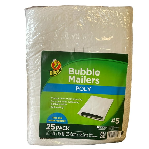 Duck Brand #5 Poly Bubble Mailer, 10.5" x 15", White, 25-pack