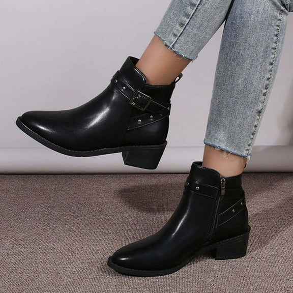 Fesfesfes Faux-Leather Boots for Women Fashion Boots Pointed Toe Chunky Heel Middle Heel Slouchy Metal Synthetic Buckle Booties 7.5(40)