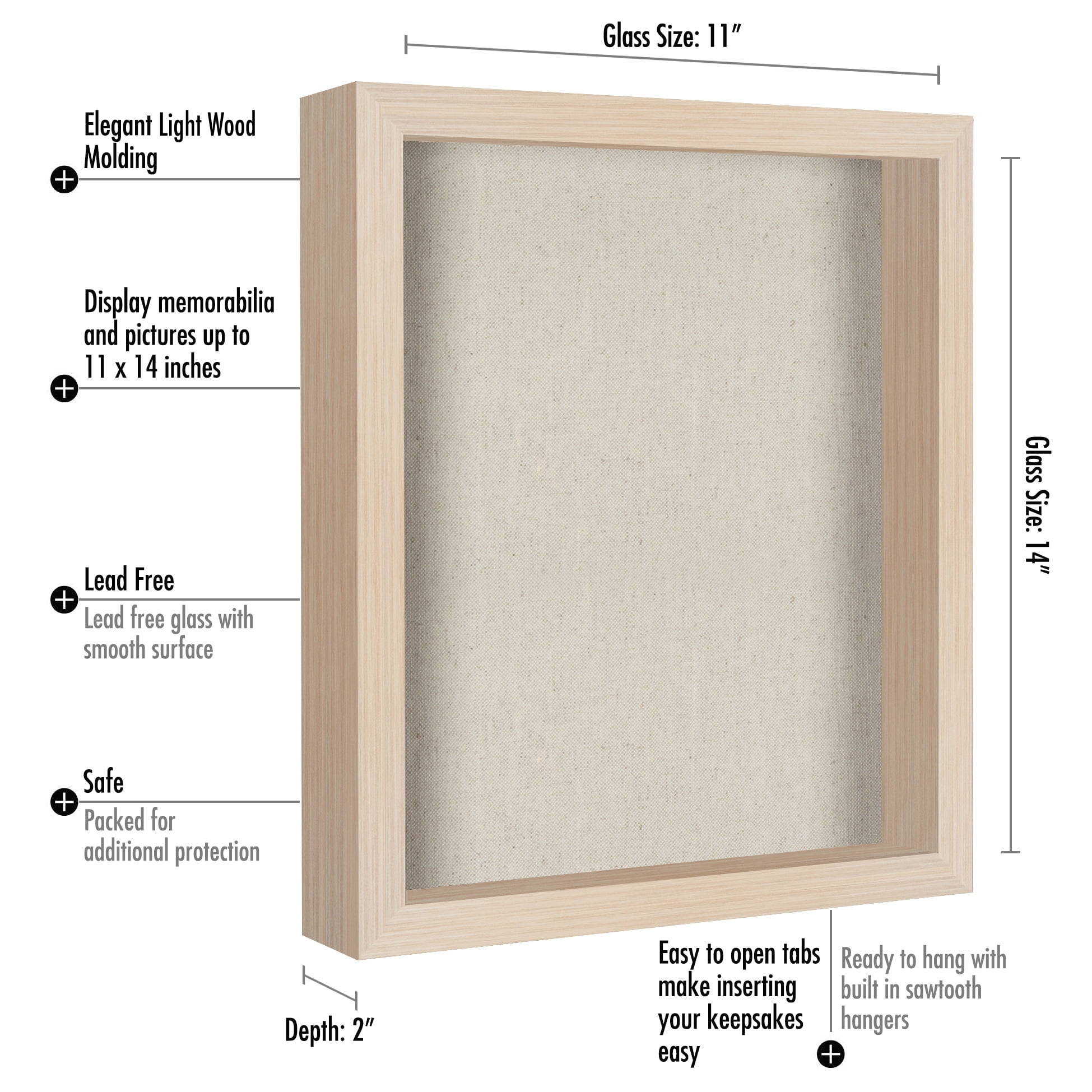 Americanflat 11x14 Shadow Box Frame in Light Wood with Soft Linen Back - Composite Wood with Polished Glass for Wall and Tabletop Light Wood 11x14 1 Pack