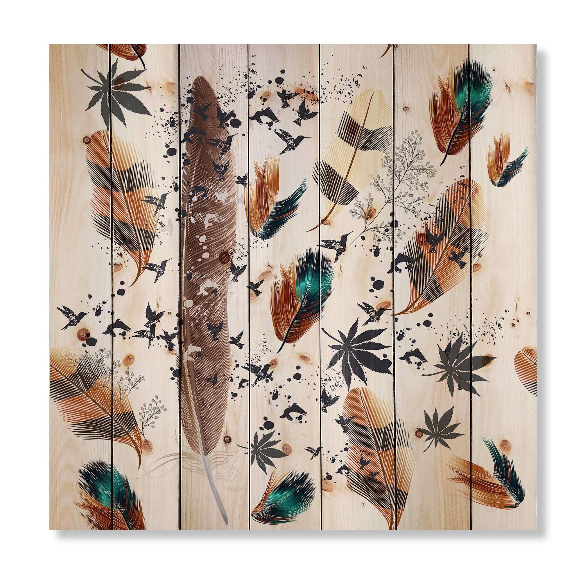 Designart 'Multicolored Feather Pattern With Floral' Bohemian & Eclectic Print on Natural Pine Wood