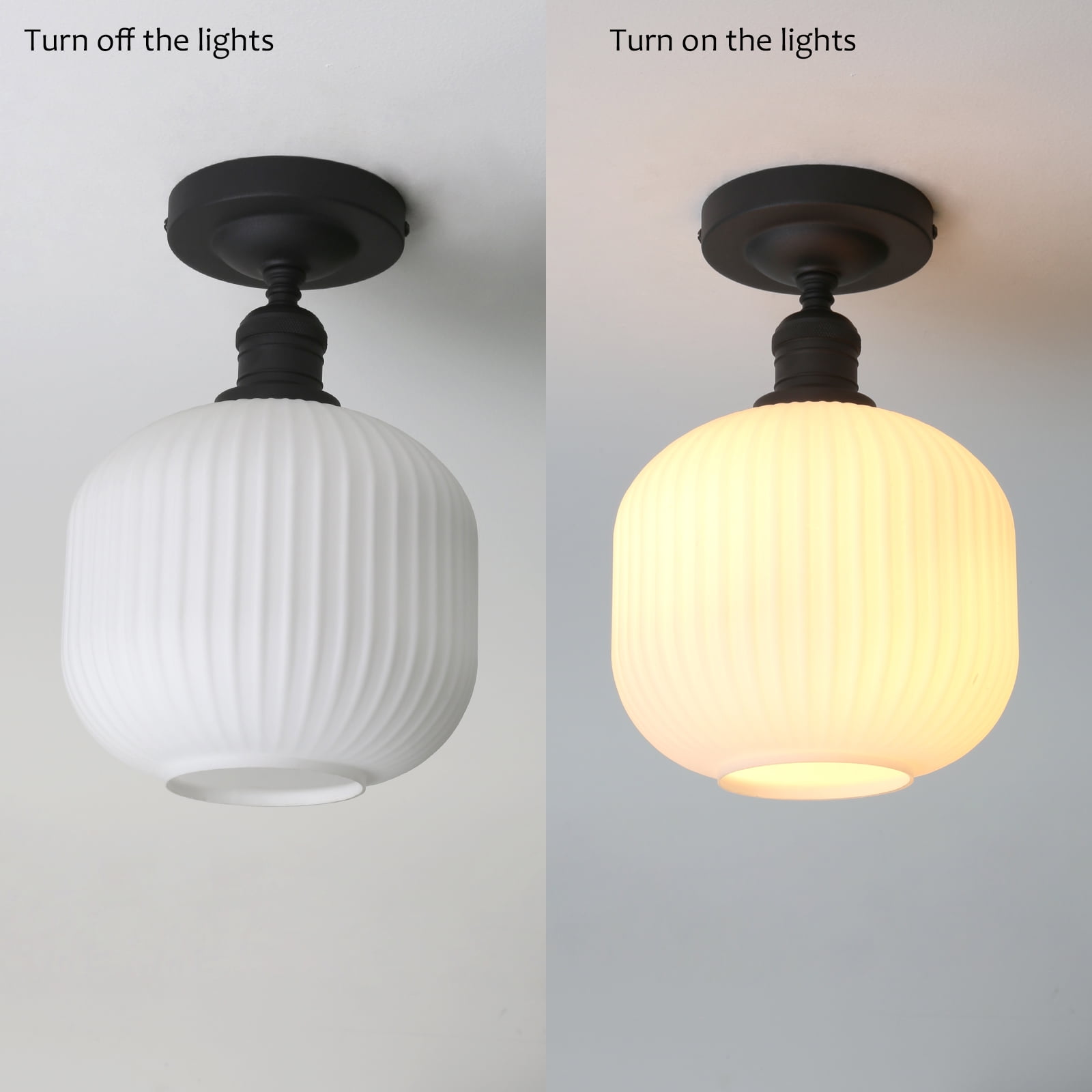 Pathson Industrial Semi Flush Mount Ceiling Light, Milky White Ribbed Glass Close to Ceiling Light for Living Room Dinning Room Kitchen Porch
