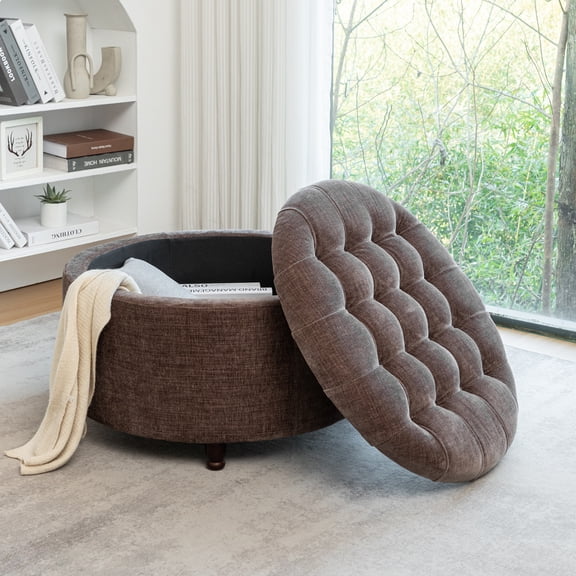 Wovenbyrd Prescott Large Round Button-Tufted Storage Ottoman, Lift Off Lid - Bark