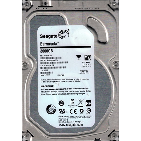 ST3000DM001 Seagate P/N: 1CH166-302 F/W: CC26 3TB WU W1F Desktop Hard Drive