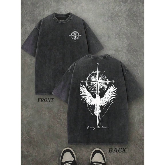 Summer Retro Washed T-Shirt For Men, 230g Cotton, Compass And Eagle Print, Double Sided Graphic, Vintage Streetwear Crew Neck, Oversized Y2K Top, Casual Daily Wear, Plus Size, For Men