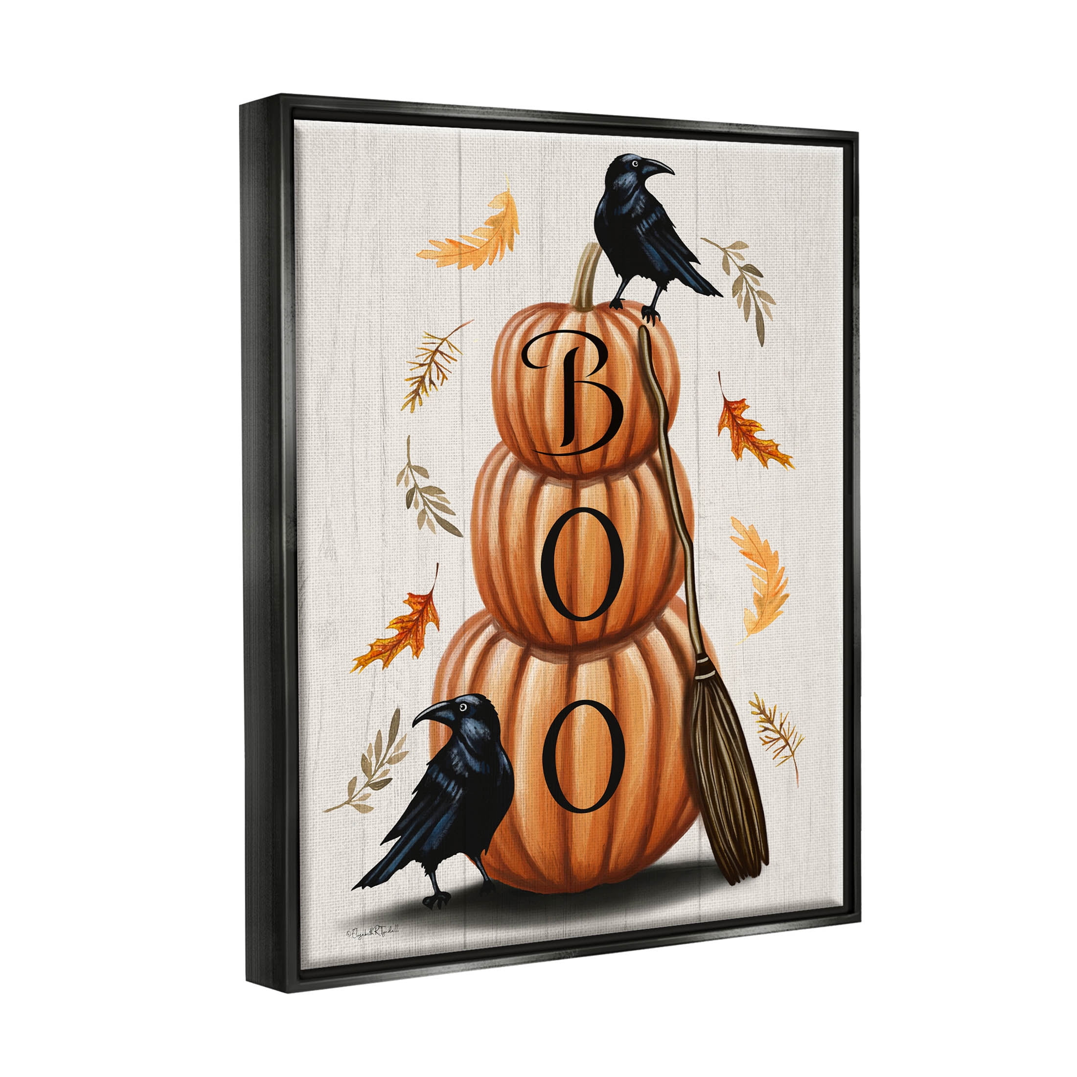 Stupell Industries Boo Ravens Pumpkin Stack Graphic Art Jet Black Floating Framed Canvas Print Wall Art, Design by Elizabeth Tyndall