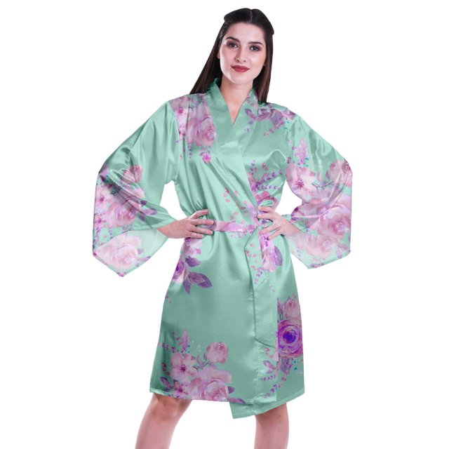 Moomaya Printed Womens Kimono Sleeve Robes Satin Silk Getting Ready Bridal Robe Coverup