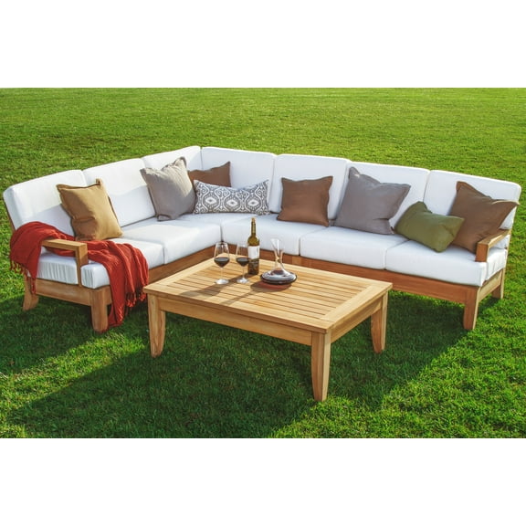 WholesaleTeak Outdoor Patio Grade-A Teak Wood Atnas 5 Piece Teak Sectional Sofa Set - 2 Sofas(Left & Right), 1 Lounge Armless Chair, 1 Corner Piece & 1 Coffee Table - Furniture only #WMSSSAT