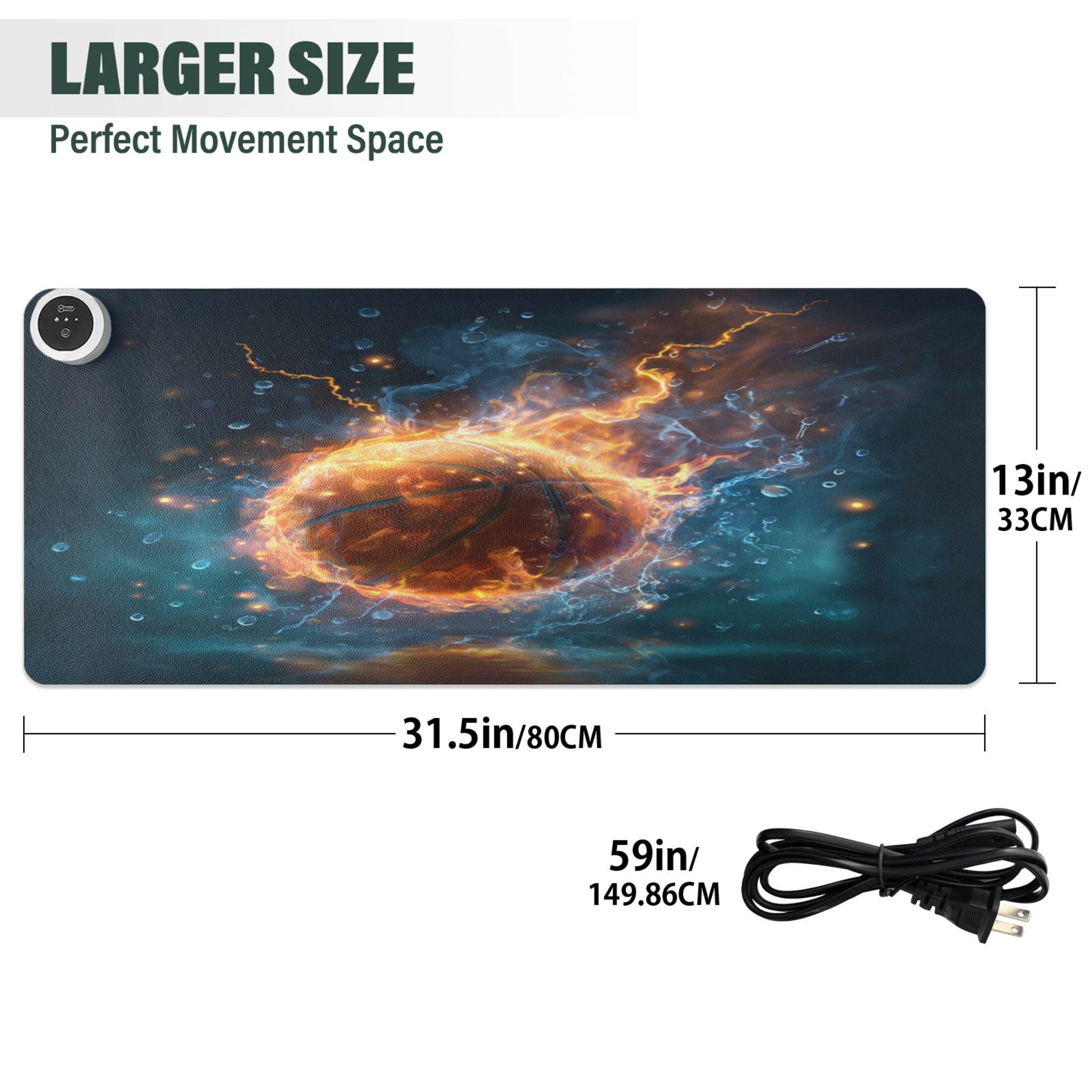 Wobogo Burning Basketball Heated Mouse Pad Extra-Large Desk Mat With 3 Heating Levels and 3-hour Auto Shut-Off Protection Ideal for Computer Keyboards Home Office Hand-warming Essential 31.5in × 13in