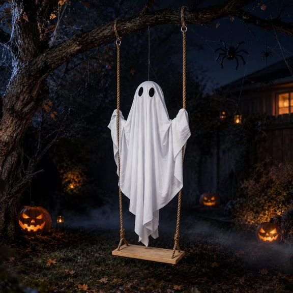 Halloween 6 ft Hanging Swing Ghost, Outdoor Halloween Decorations, Outdoor Decor Spooky Cute Ghosts Decoration Flying Props for Tree Porch Yard Garden Lawn House