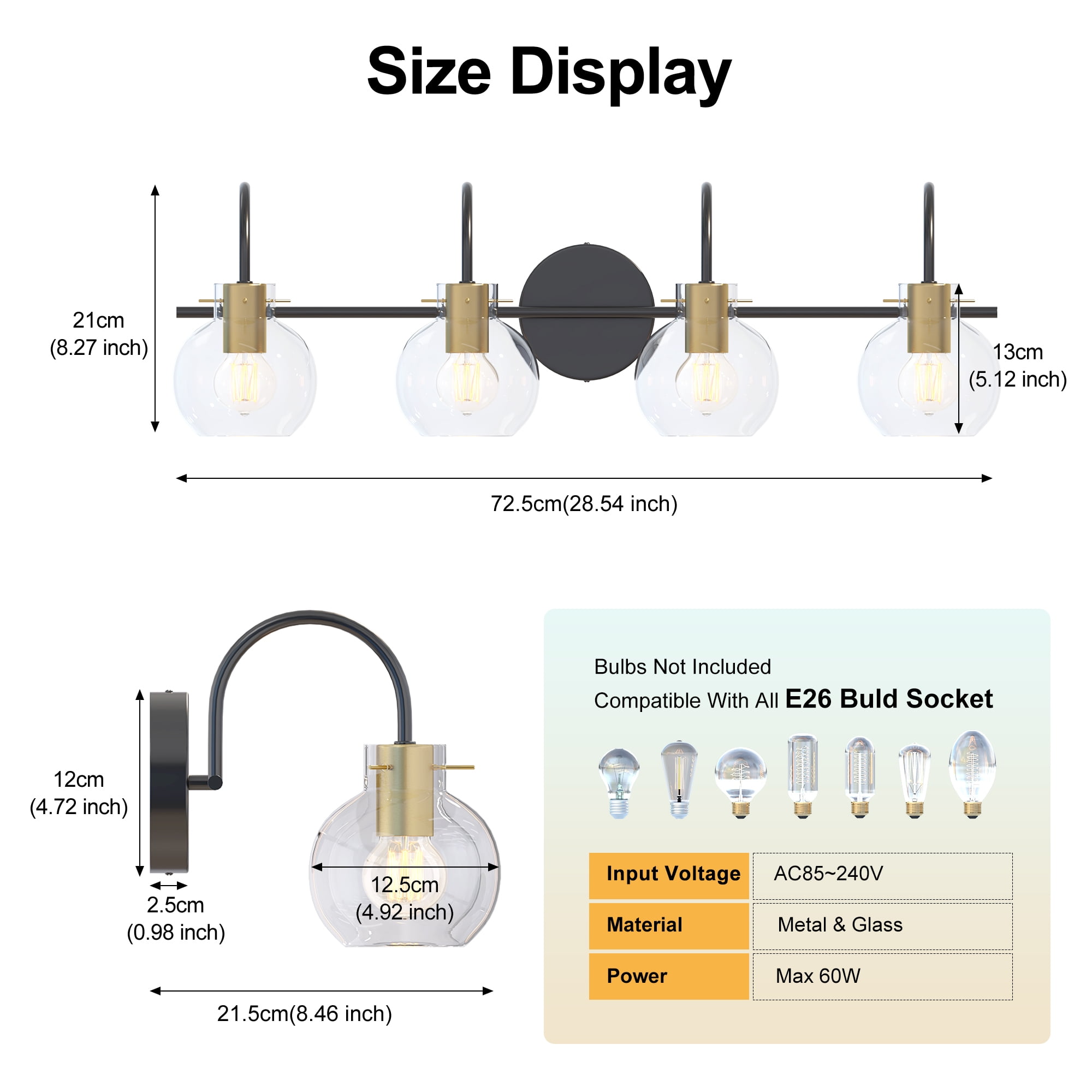 Hironpal 4-Light Bathroom Vanity Light, Bathroom Light Fixtures with Clear Glass Shade over Mirror Cabinet,Brushed Black