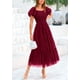 thumbnail image 4 of Vestido PRETTYGARDEN de tul midi fruncido para mujer, color rojo vino, 4 of 8