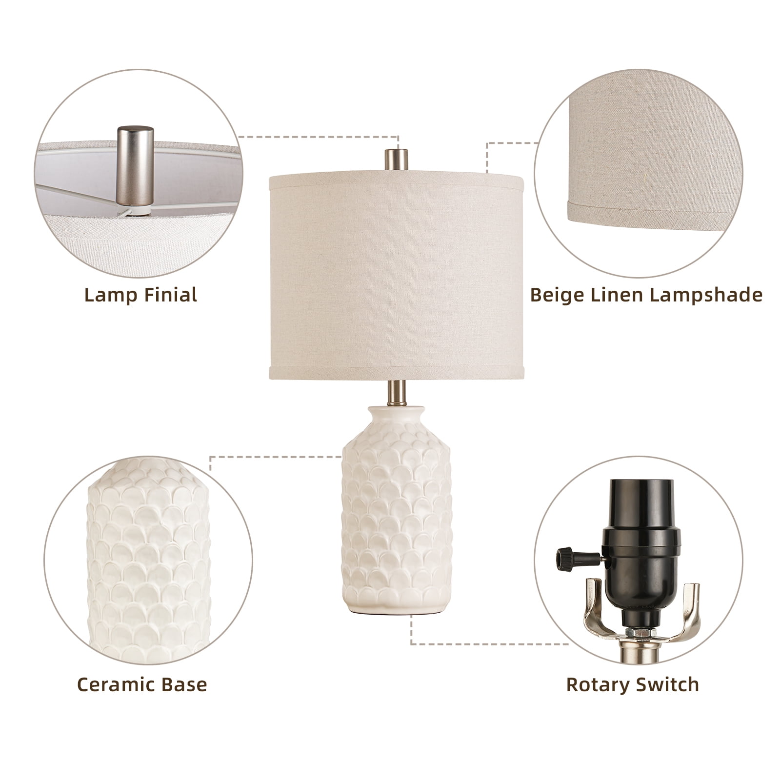 RORIA 21” Ceramic Table Lamps Set of 2,Modern White Bedside Lamps,Suitable for the Living Room or Bedroom Nightstands (Bulbs Included)