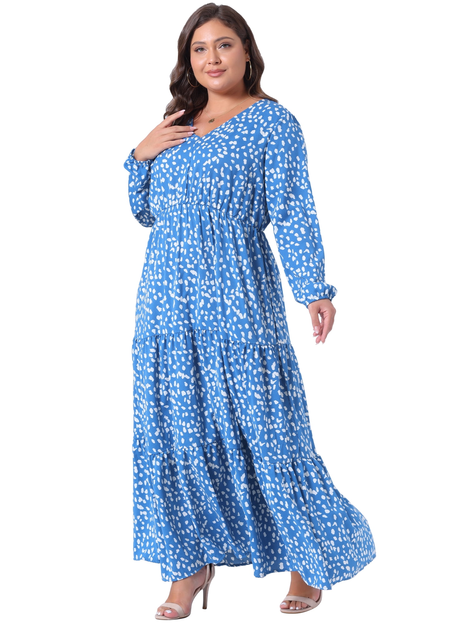 DARING DIVA Plus Size Polka Dots Long Maxi Lantern Sleeve Dress 1X Blue