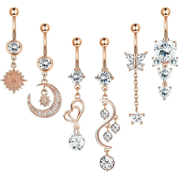 Heldig 6Pcs 14G Belly Button Rings Dangle for Women Surgical Steel Navel Rings Body Piercing Jewelry