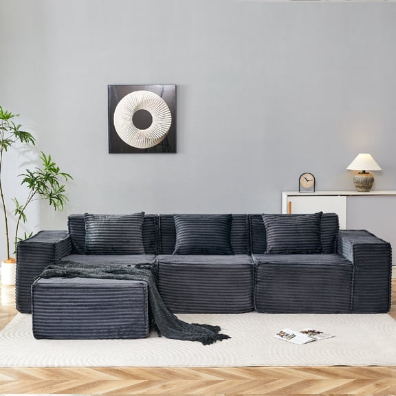 L-Shaped Modular Sectional Sofa Couch with Movable Ottoman, Oversized 3-Seater Modular Boneless Corduroy Cloud Sofa Couches Set for Living Room, Apartment, Office, Dark Grey