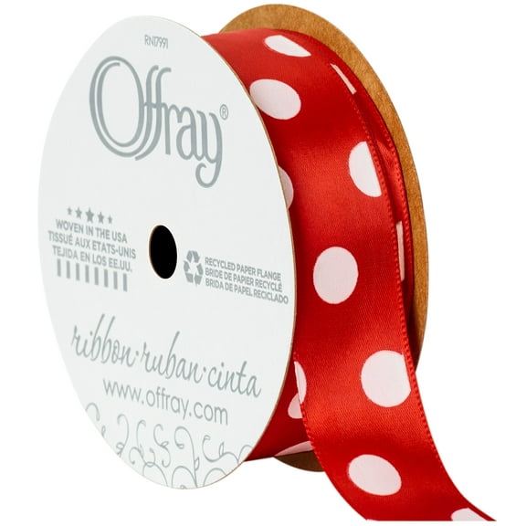 Offray Ribbon, Red with Polka Dot 7/8 inch Single Face Satin Polyester Ribbon, 9 feet