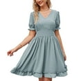 thumbnail image 2 of SWSMCLT Women's Midi Dress Casual Dresses Summer Ruffle Swing Dress Cute Ruched Puff Sleeve Short Sleeve Blue Small, 2 of 4