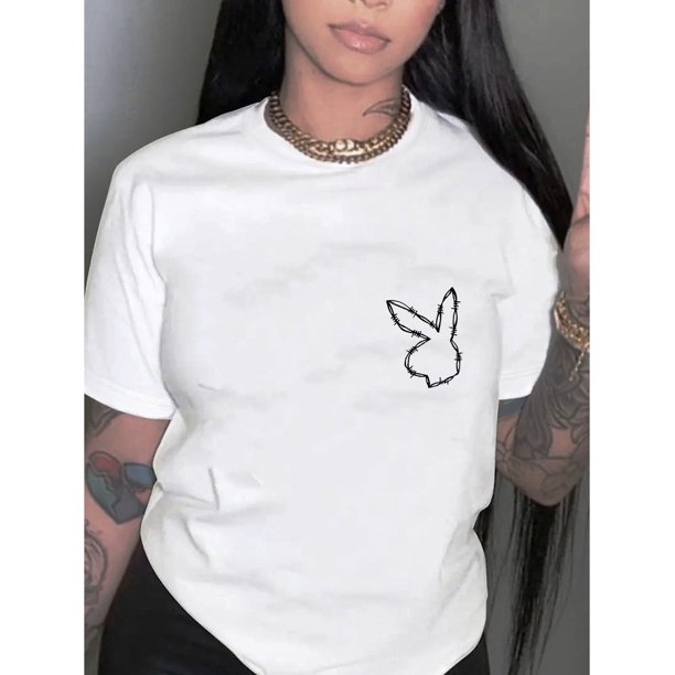 Chic Bunny Print Women's T-Shirt - Casual Crew Neck, Short Sleeve, Stretchy Cotton Blend, Machine Washable - Perfect for Summer & Casual Attire