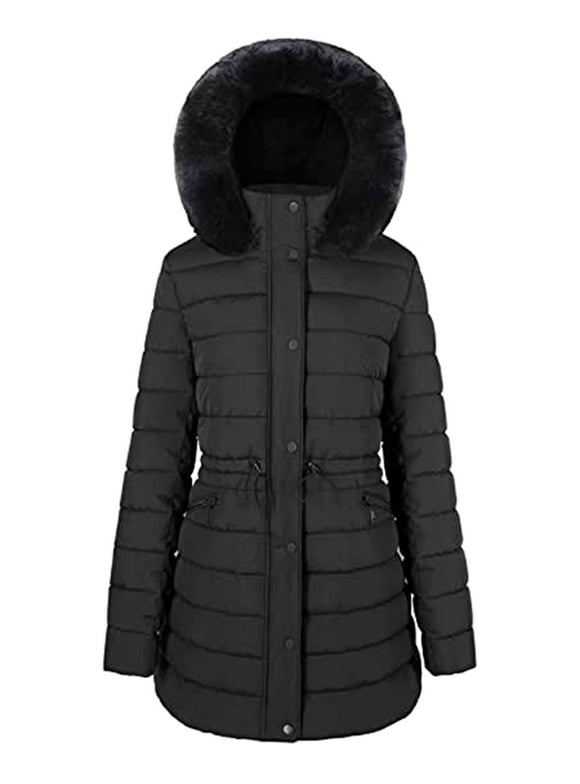 black down coat with fur hood