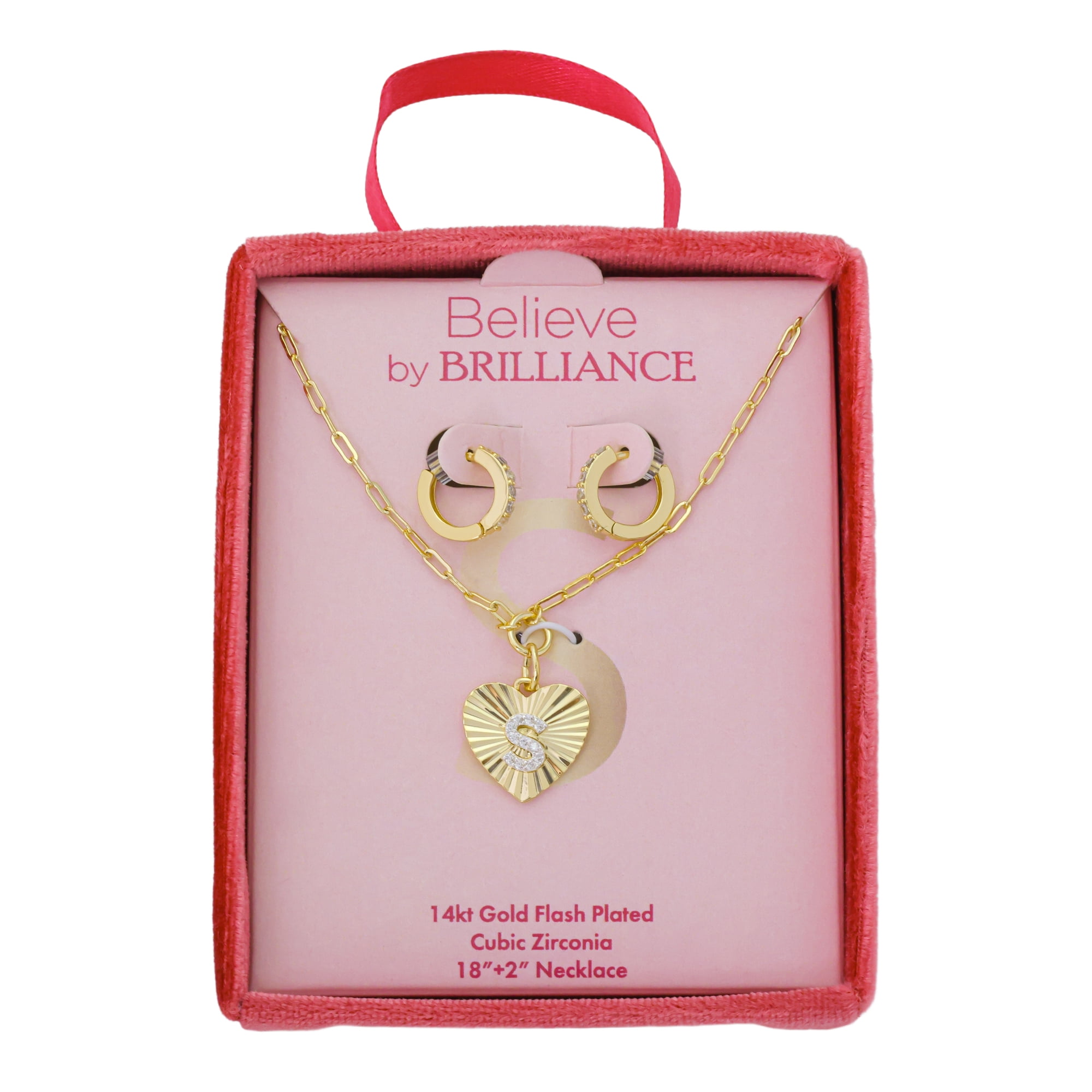 Believe by Brilliance Women's 14Kt Gold Flash Plated Cubic Zirconia Initial S Heart Pendant Necklace and Hoop Earring Set, 18+2"