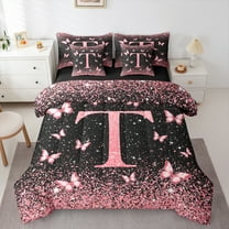 Homewish Initial T Letter Bedding Comforter Set 7-Piece, Black Pink Sequin Print King Bedding Sets, Romantic Butterfly Animal Reversible Bed Sheets, Ultra Soft Bedroom Decor