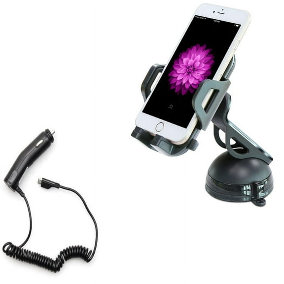 Coiled Micro-USB Charger w Windshield Dash Car Mount for Samsung Galaxy J7 V (2017), Grand Prime Express Prime, Perx, S7 Edge S6 Edge  Edge Active S5 Active, Note 5 4 3 Mega 2, J5 J3 Emerge