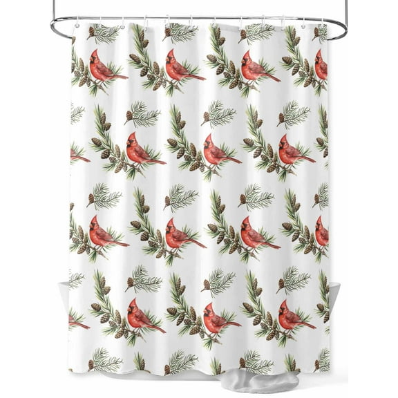Christmas Cardinal Bird Shower Curtain Set ，Waterproof Fabric Shower Curtains Winter Birds Pine Cone Pine Needles Shower Curtains for Bathroom,Bathroom Decor 48"x72"