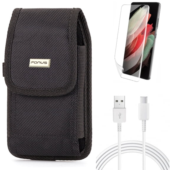 10ft USB-C Cable w Case Belt Clip w Matte Screen Protector for Samsung Galaxy S21 Plus - Type-C Charger Cord, Rugged Holster, TPU Film Anti-Glare Accessory Bundle