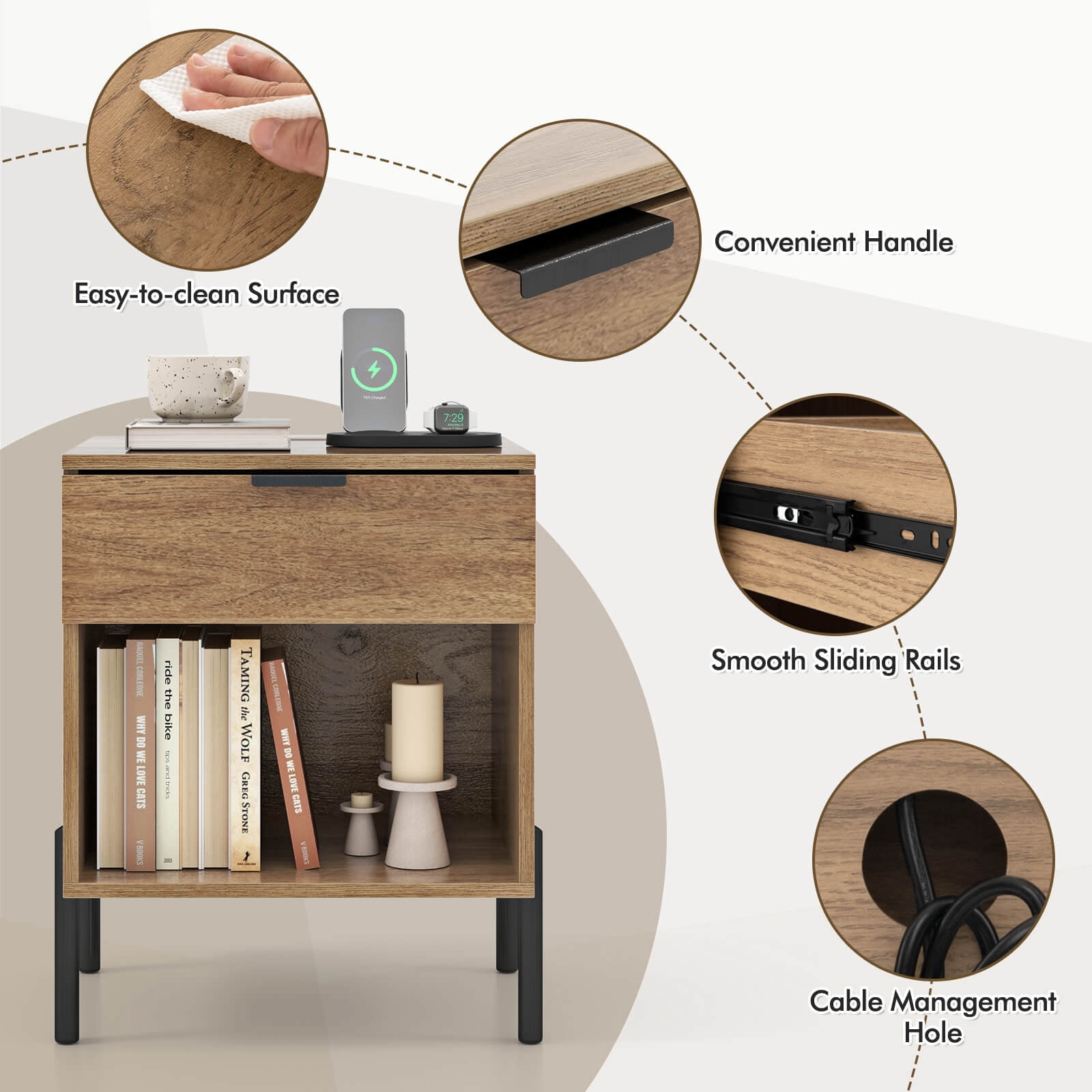 Costway 1PC Nightstand with Charging Station Drawer Compartment Modern Side End Table