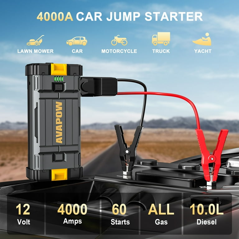 walmart battery booster box Avapow Car Jump Starter 4000A Peak 27800mAh Battery Jump Starter Portable Battery Booster 12V Jump Box with LED Light Yellow one_size