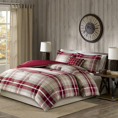 Woolrich Sheridan Oversized Cotton Comforter Set Queen The Woolrich Sheridan Comforter Set sports a tan and red plaid print with a solid red reverse for a warm and inviting look. A decorative pillow in corresponding colors complements the design  while a solid tan bed skirt completes the collection. This comforter set is oversized and made from 100% cotton providing year round warmth. It s machine washable for easy care.