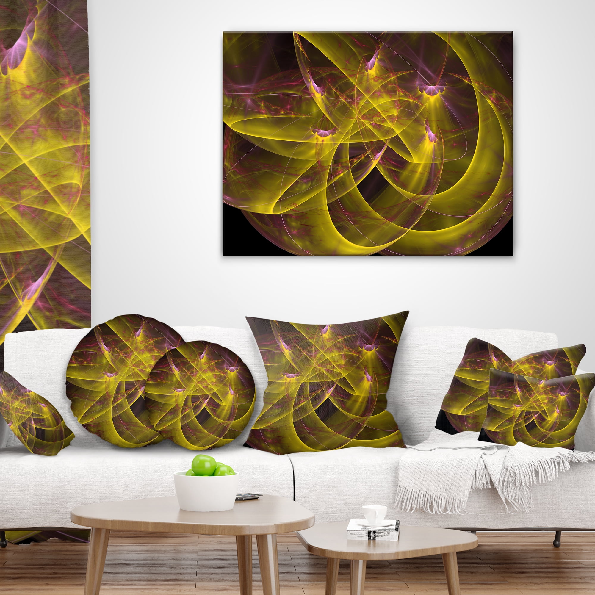 Designart Yellow Fractal Flames - Abstract Throw Pillow - 16x16