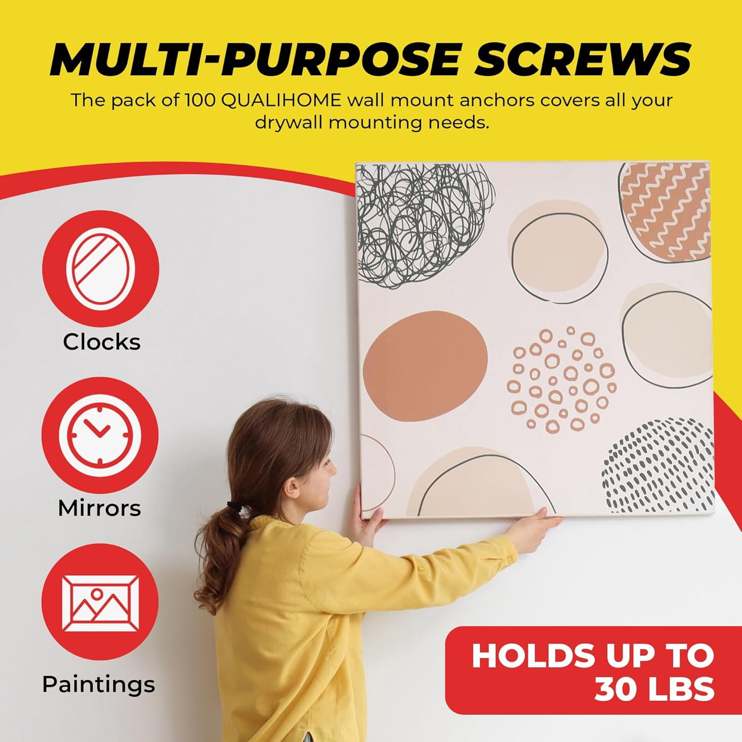 JJEAN-Double-Headed Wall Screw Anchors Picture Hooks - Heavy Duty Bear Claw Hanger Screws Holds Upto 30 Lbs. - Drywall Screw/Anchor for D-Rings/Wire/Keyholes - Hang Pictures/Mirrors and More (100 Pac