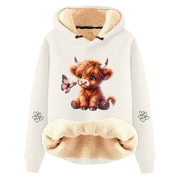 Womens Casual Warm Hoodies Long Sleeve Highland Cattle Print Thick Hooded Sweatshirts Fall Fashion Pullover Sweaters Winter Clothes