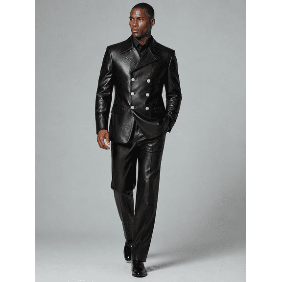 Men's Black PU Leather Double Breasted Suit, Peak Lapel Slim Fit Set