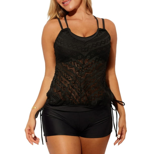 VISgogo Traje de baño conservador de dos piezas para mujer, tops de chaleco de playa transparentes con correa de espagueti + pantalones cortos de natación de cintura alta VISgogo moda