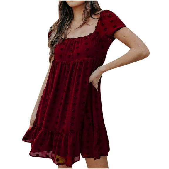 QUYUON Women’s Babydoll Dress Casual Loose Square Neck Short Sleeve Ruffle Mini Short Dress Elegant Formal Pleated A-Line Evening Party Cocktail Dresses Summer Tunic Swing Skirt Dress Wine Medium
