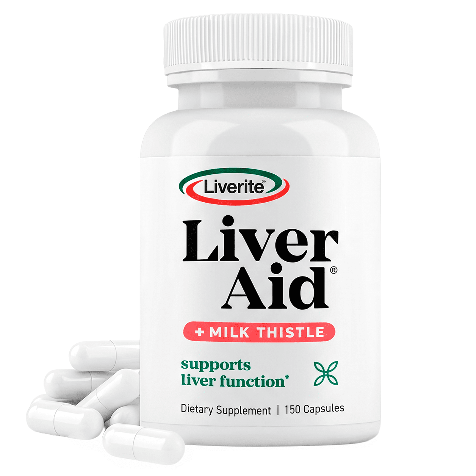 LIVERITE LIVER AID WITH MILK THISTLE 150 CAPS, SUPPORTS AND AIDS LIVER FUNCTION.