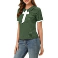 thumbnail image 4 of INSPIRE CHIC Women's Polka Dots Turn Down Collar Contrast Tie Neck Short Sleeve Blouse Top Dark Green L, 4 of 6