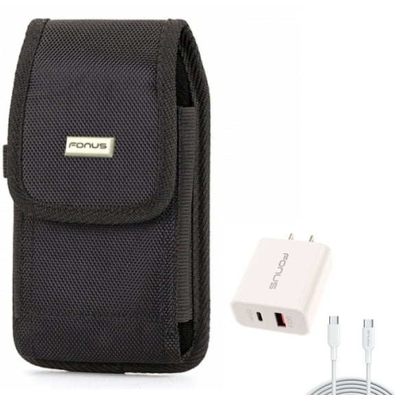 6ft Long Cable Fast Type-C 36W PD Home Charger w Holster Swivel Case Belt Clip for Samsung Galaxy A52 5G A51 5G A50 A33 5G A30s A20 A12 5G A11 - Sonim XP8 - Sony Xperia 5 II