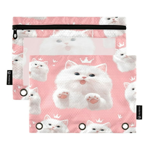 Pencil Pouch for 3 Ring Binder Binder Pencil Case One SizeX2 Happy White Cat Face