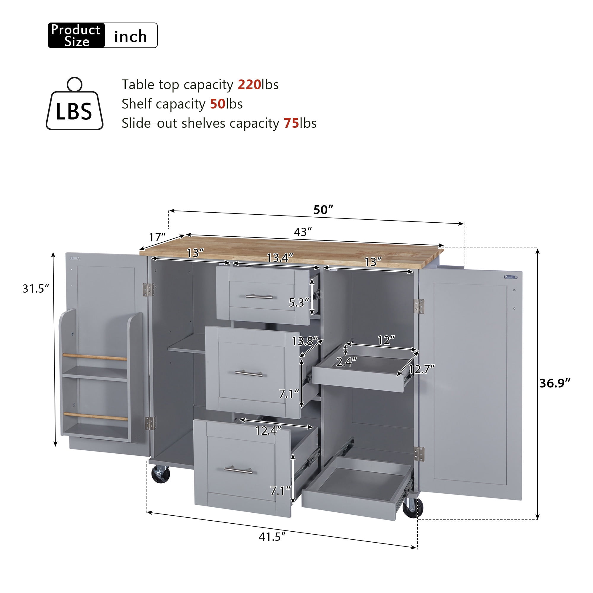 DEALTOPS Removable Rolling Kitchen Islands with Storage, Gray, 51.49 in